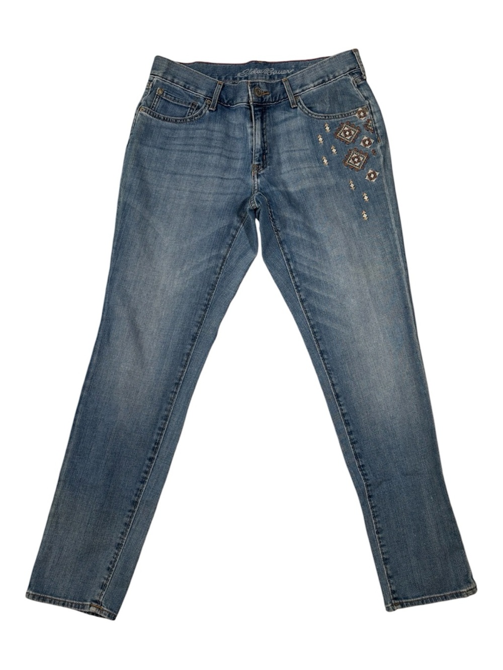 Eddie Bauer Jeans, Aztec Embroidered Boyfriend Slim Distressed, Size 6, 30x29